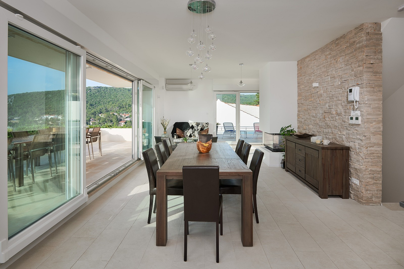Inside dining area with views towards the sea
